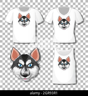 Siberian Husky cartoon character with set of different shirts isolated on white background Stock Vector