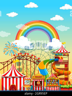 Amusement park scene at daytime with rainbow in the sky Stock Vector ...