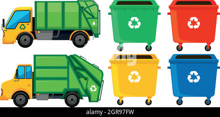 Rubbish truck and cans in four colors Stock Vector