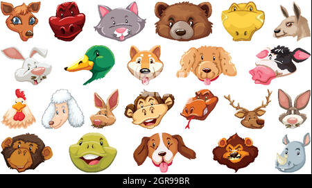 Set of different cute cartoon animals head huge isolated on white background Stock Vector