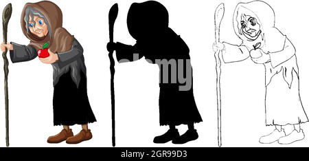 Old witch in color and outline and silhouette cartoon character isolated on white background Stock Vector