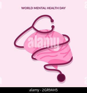 world mental health day with stethoscope and brain Stock Vector