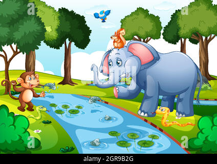 Wild animals in the forest at day time scene Stock Vector