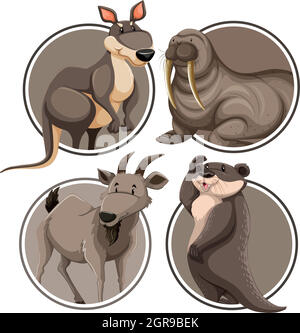 Set of wild animal on sticker template Stock Vector