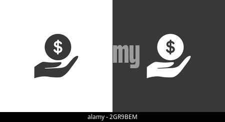 Hold hand dollar coin. cash money concept. Isolated icon on black and white background. Commerce glyph vector illustration Stock Vector