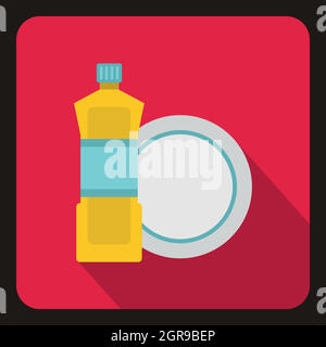 Bottle of dish soap and clean dish icon flat style Stock Vector