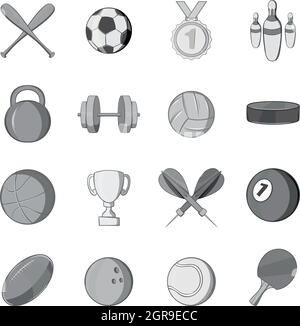 Sport equipment icons set, black monochrome style Stock Vector