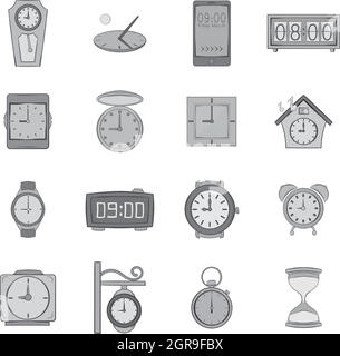 Clock icons set, black monochrome style Stock Vector