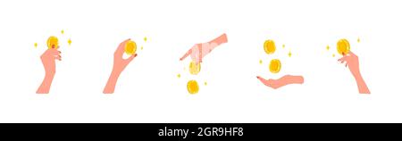 Transfer money. Female hands giving golden coins. Donation, charity or payday concept. Financial symbol. Banking or business services. Vector Stock Vector