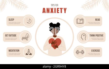 Mental health. Tips for anxiety. Happy african woman love herself. Psychology help. Self care concept. Vector illustration in flat cartoon style Stock Vector