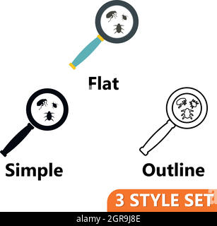 Magnifier and insects icons set Stock Vector