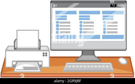 Computer and printer on office desk on white background Stock Vector