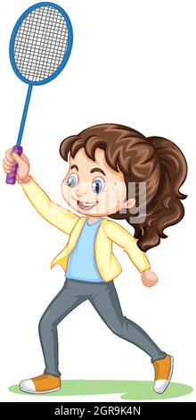 Cute girl playing badminton cartoon character isolated Stock Vector