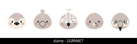 Set of cute bird heads in scandinavian style. Collection funny animals characters for kids cards, baby shower, birthday invitation, house interior. Bo Stock Vector