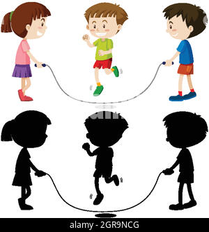 Three kids playing jump rope in color and in outline and silhouette Stock Vector