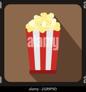 Popcorn in striped bucket icon, flat style Stock Vector