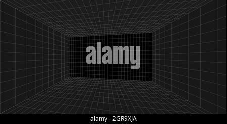Grid perspective black room. Gray wireframe background. Digital cyber box technology model. Vector abstract architectural template Stock Vector