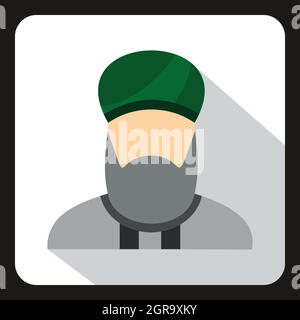 Muslim man with beard in green turban icon Stock Vector
