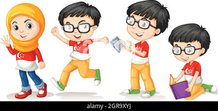 Singapore boy and girl in different actions Stock Vector