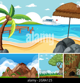Four different scenes in nature setting cartoon style Stock Vector