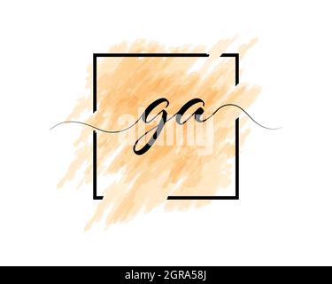 calligraphic lowercase letters G and A are written in a solid line on a colored background in a frame. Simple Style Stock Vector