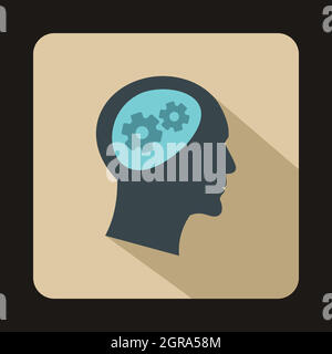 Gear in head icon, flat style Stock Vector