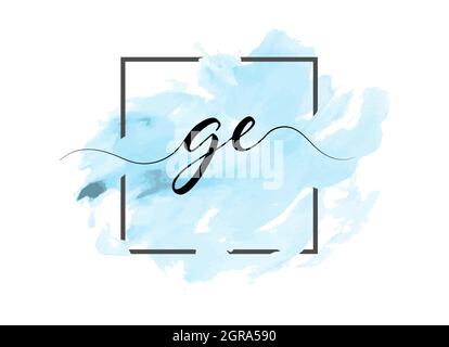 calligraphic lowercase letters G and E are written in a solid line on a colored background in a frame. Simple Style Stock Vector