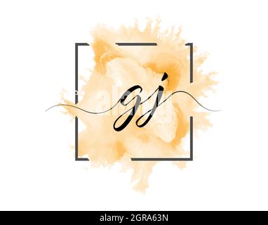 calligraphic lowercase letters G and J are written in a solid line on a colored background in a frame. Simple Style Stock Vector