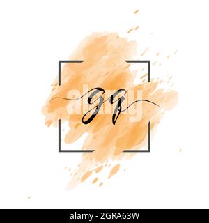calligraphic lowercase letters G and Q are written in a solid line on a colored background in a frame. Simple Style Stock Vector