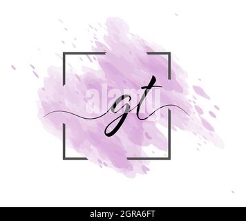 calligraphic lowercase letters G and T are written in a solid line on a colored background in a frame. Simple Style Stock Vector