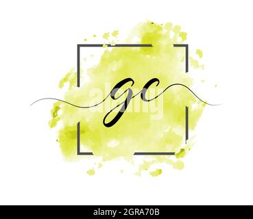 calligraphic lowercase letters G and C are written in a solid line on a colored background in a frame. Simple Style Stock Vector