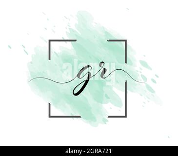 calligraphic lowercase letters G and R are written in a solid line on a colored background in a frame. Simple Style Stock Vector