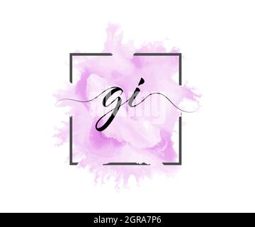 calligraphic lowercase letters G and I are written in a solid line on a colored background in a frame. Simple Style Stock Vector
