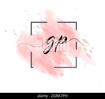calligraphic lowercase letters G and P are written in a solid line on a colored background in a frame. Simple Style Stock Vector