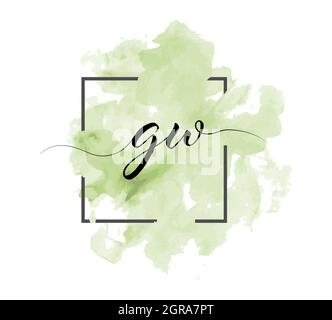 calligraphic lowercase letters G and W are written in a solid line on a colored background in a frame. Simple Style Stock Vector
