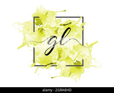 calligraphic lowercase letters G and L are written in a solid line on a colored background in a frame. Simple Style Stock Vector