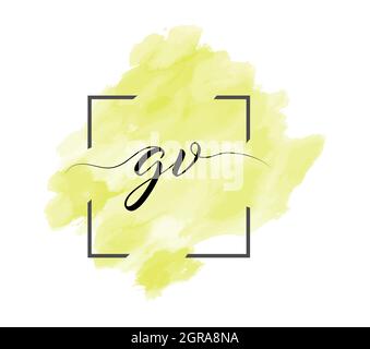 calligraphic lowercase letters G and V are written in a solid line on a colored background in a frame. Simple Style Stock Vector