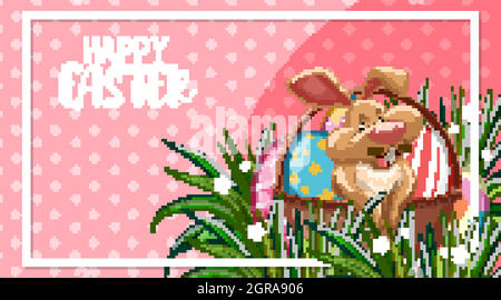 Poster design for easter with cute bunny and painted eggs Stock Vector