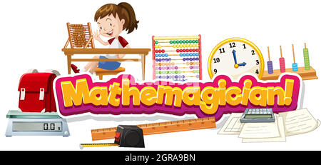 Font design for word mathemagician with girl and school items Stock Vector