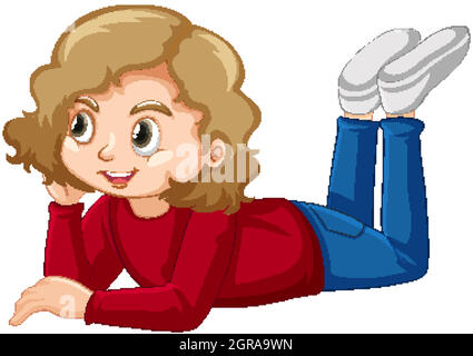 Cute girl in red shirt laying on the floor Stock Vector