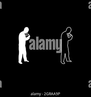 Angry man with belt in hand for punishment warns Violence in family concept Abuse idea Domestic trouble Fury male threatening victim Social problem Husband father emotionally aggression against human Bullying silhouette white color vector illustration sol Stock Vector