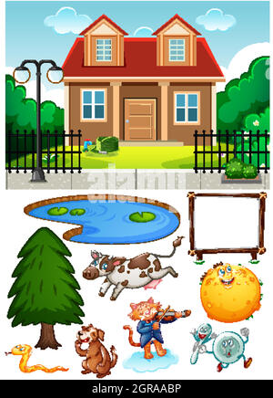 A house in nature scene with isolated cartoon character and objects Stock Vector