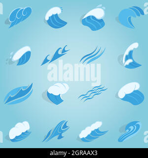 Water wave set icons, isometric 3d style Stock Vector