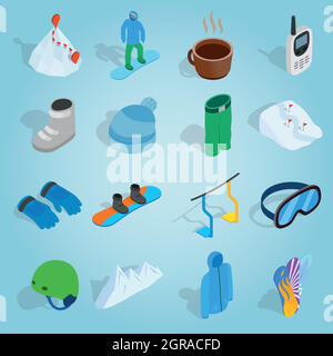 Snowboard set icons, isometric 3d style Stock Vector