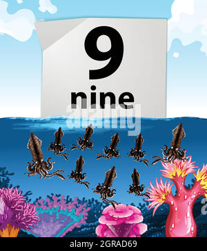 Number nine and nine squids underwater Stock Vector