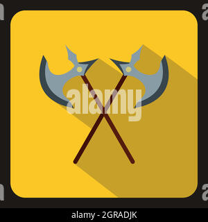 Crossed ancient battle axes icon, flat style Stock Vector