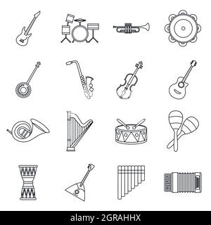 Musical instruments icons set in outline style Stock Vector