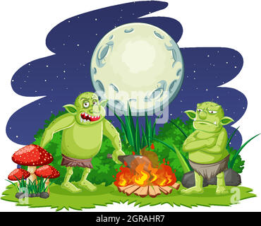 Night scene with goblin or troll cartoon character Stock Vector