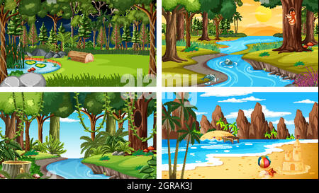 Four different nature horizontal scenes Stock Vector