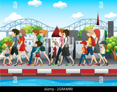 People walking on pavement in city Stock Vector